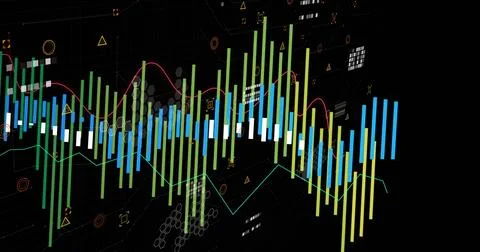 Displaying colorful vertical bars with wavy line graphs on dark grid backdrop, Stock Illustration