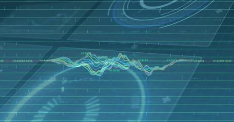 Displaying colorful waveform chart running across center dashboard with grid Stock Illustration