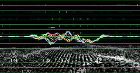 Displaying colorful waveform undulating over green grid on virtual dashboard, 스톡 일러스트