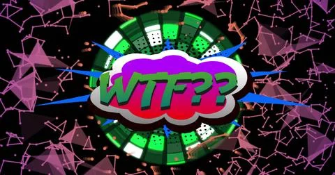 Displaying comic bubble shouting WTF?? in digital art, with pink polygon network Stock Photos