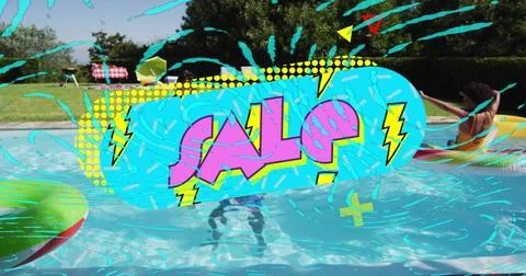 Displaying comic overlay over backyard pool, covering people in swimwear on Stock Photos