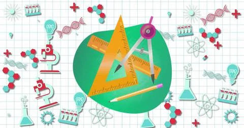 Displaying compass set-square ruler pencil on green round backdrop on squared Stock Photos