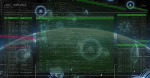 Displaying complex code and data, digital interface over Earth, futuristic theme 스톡 사진