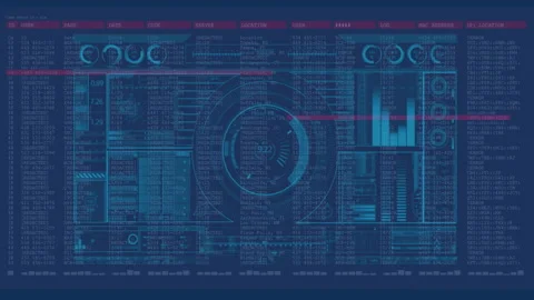 Displaying complex data analytics and graphs, futuristic digital dashboard in Stock Footage 303675444
