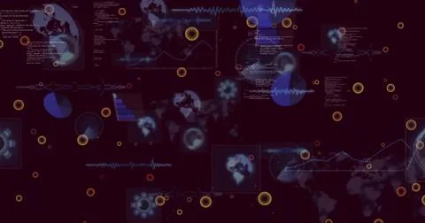 Displaying complex digital dashboard centered on dark purple canvas, with maps, 库存插图