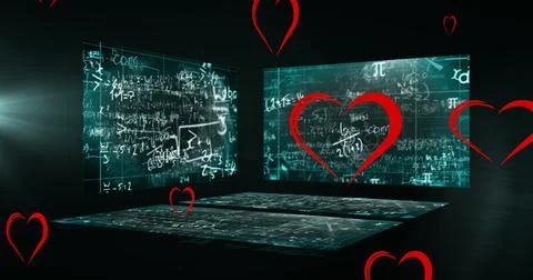 Displaying complex equations, digital screens with floating red hearts in Stock Photos