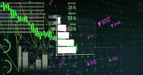 Displaying complex financial visual on dark 3D grid showing green candlestick, Stockillustratie