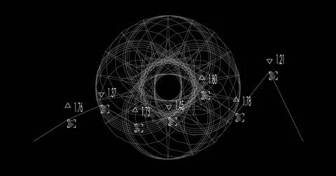 Displaying complex wireframe sphere of intersecting circles in digital void, Stockillustratie