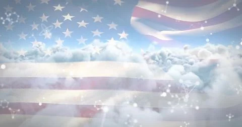 Displaying composite American flag elements overlaying cloudscape view, with Foto stock