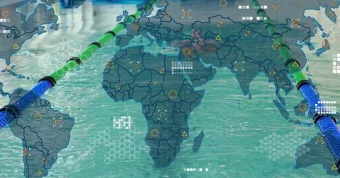 Displaying composite competition pool with lane ropes, world map overlay, 库存照片