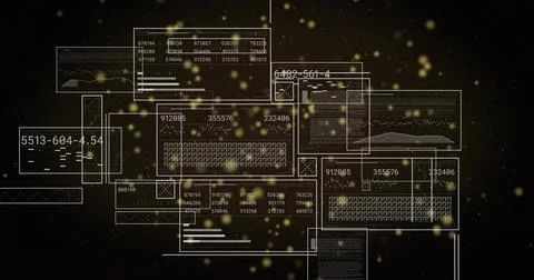 Displaying composite digital dashboard floating in dark starry void, with Illustrazione stock