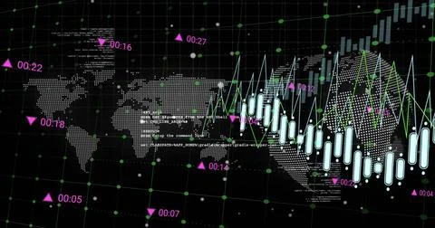 Displaying composite financial data visualization over dotted world map, with Stock Photos