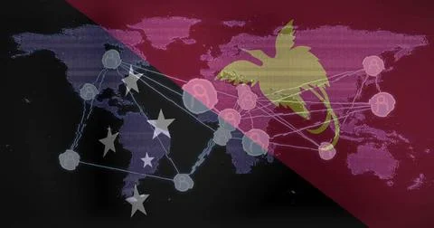 Displaying composite global map featuring glowing user-node network on dark Stock Photos