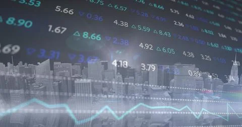 Displaying composite overlaying tickers up or down arrows teal line and lens Stock Photos