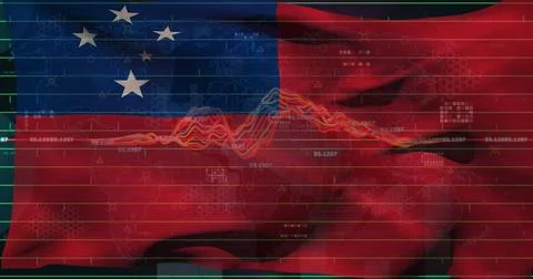 Displaying composite trading screen showing waving US and Chinese flags with 写真素材
