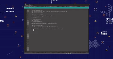 Displaying computer code on terminal window with digital network animation Stock Footage 305009650