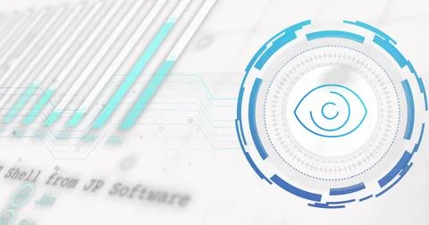 Displaying concentric biometric interface on right, showing eye icon, cyan Stock Photos