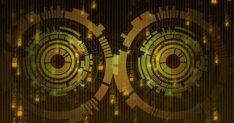 Displaying concentric circles with circuitry arcs on striped grid, streaming Stock Illustration