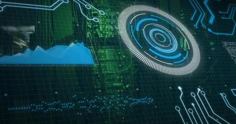 Displaying concentric circular HUD glowing on right over PCB, showing blue ar 스톡 일러스트