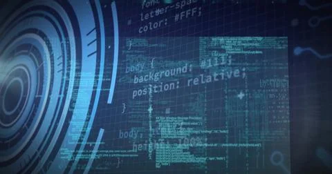 Displaying concentric circular HUD interface and scrolling code on faint grid 写真素材