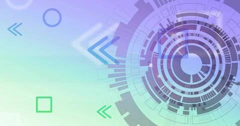 Displaying concentric circular HUD interface over digital UI with arrows and 스톡 사진