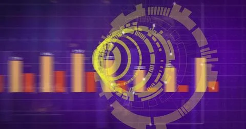 Displaying concentric circular HUD rings glowing on purple grid field, with Stock Photos