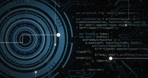 Displaying concentric circular HUD rotating at left on dark grid UI, with code Illustration