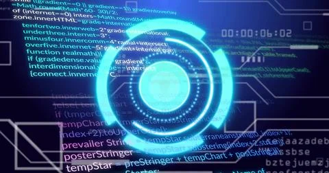 Displaying concentric holographic interface on virtual screen, code lines and Stock Photos