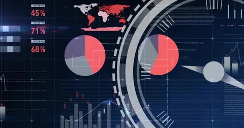 Displaying concentric HUD on dark analytics dashboard, showing pie charts, red Stock Illustration