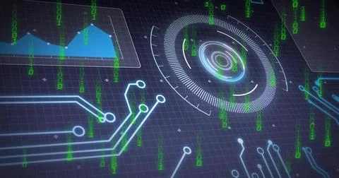 Displaying concentric HUD on dark grid, showing blue circuits, green binary a Illustrazione stock