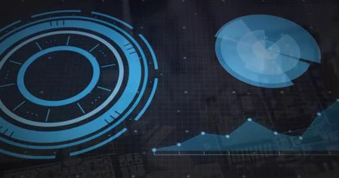 Displaying concentric HUD element on grid interface, with pie chart, line graph, Stock Photos