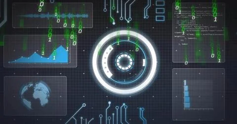 Displaying concentric HUD element pulsing at center of control console, with Stock Photos
