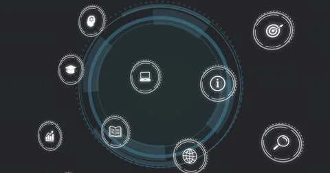 Displaying concentric HUD glowing in dark digital interface, with laptop, mag Stock Illustration