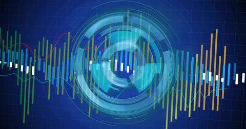 Displaying concentric HUD interface on grid background, with multicolor bar and Stock Illustration