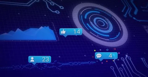 Displaying concentric HUD on right-side grid panel showing blue chart dotted Stock Illustration