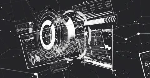Displaying concentric HUD rings and layered data panels in digital space, Stock Illustration