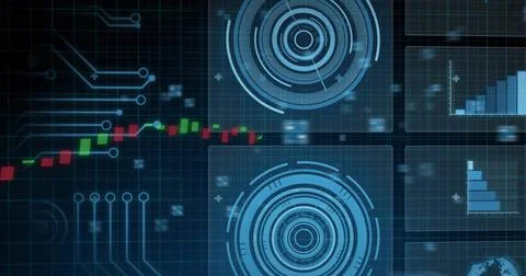 Displaying concentric HUD rings at center on blue grid, candles left, data Stock Photos