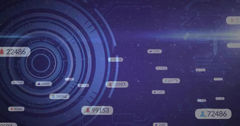 Displaying concentric HUD rings on left of UI, showing data bubbles and circuit Illustrazione stock