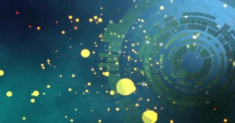 Displaying concentric HUD rings on right over teal-navy gradient with glowing Stock Illustration
