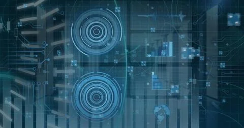 Displaying concentric HUD targets hovering over grid overlay, with floating data Stock Photos