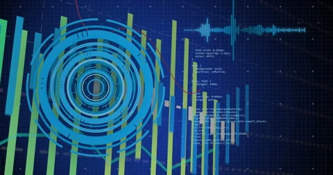 Displaying concentric radar circles with rising bars, floating waveform overlaid Stock Footage 308659591