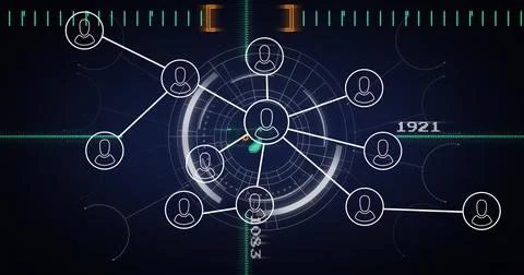 Displaying concentric radar interface pulsing over blue grid with user avatars Stock Photos