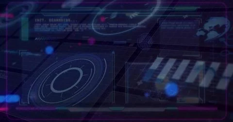 Displaying concentric radar scan panel pulsing on digital HUD with translucent Stock Illustration