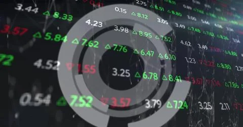 Displaying concentric ring chart on trading dashboard with green red tickers and 库存照片