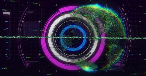 Displaying concentric-ring HUD rotating in HUD interface, showing particle Stock Illustration