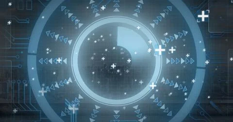 Displaying concentric ring interface radiating arrows and plus icons on screen Stock Photos