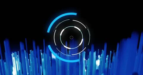 Displaying concentric rings and arcs on digital black background, with glowing 스톡 일러스트