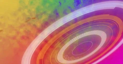 Displaying concentric rings floating on vibrant gradient, with radial lines and 스톡 사진