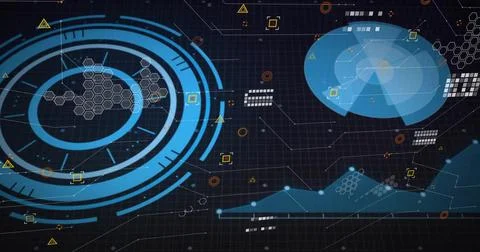 Displaying concentric rings linking hex clusters to radar dome, line chart on Stock Illustration