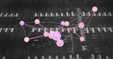 Displaying connected circular user icons floating on dark dashboard grid, with Illustrazione stock